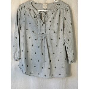 St. John's Bay Peasant Blouse Womens Small White Striped Embroidered Tie Neck